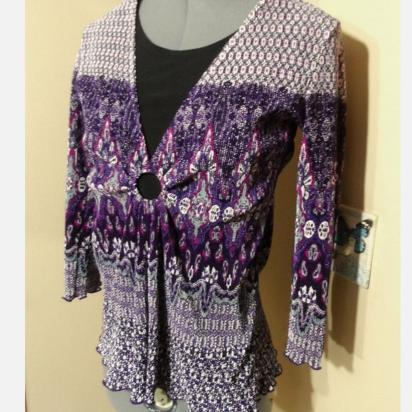 NOTATIONS Ring front Layered look Blouse S Purple Pink Scarf print ScoopNeck top - Picture 4 of 6